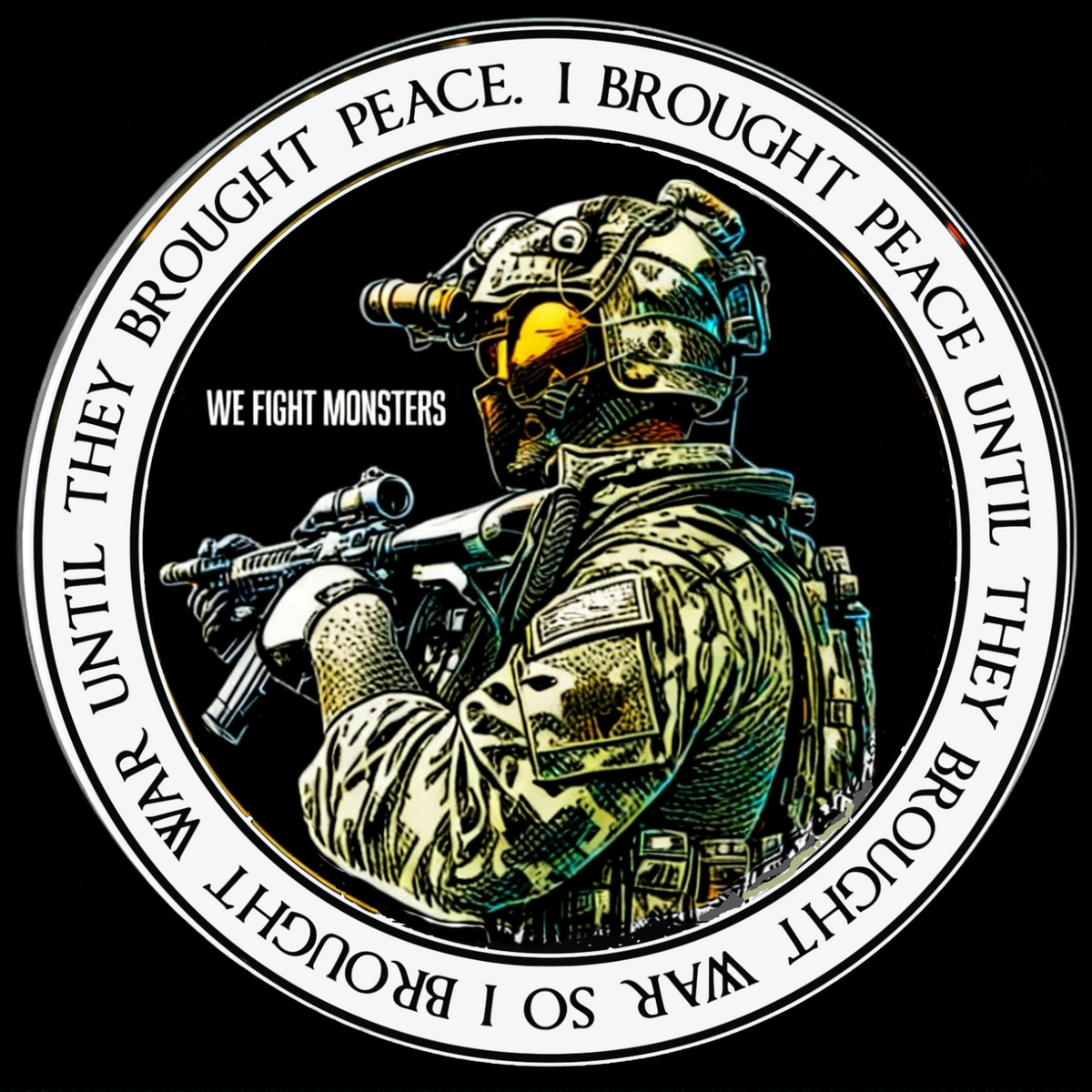 Sticker Brought War 3" w x 3" h BLACK
